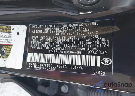 2014 Toyota Camry Le из США, поврежденный, VIN 4T4BF1FKXER364496